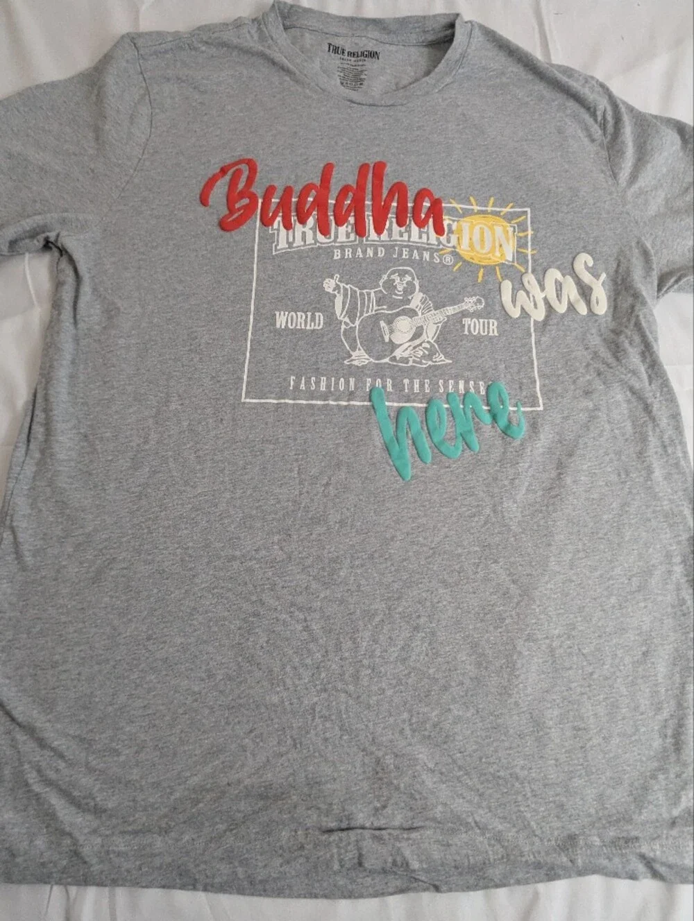 True Religion Gray Buddha Tshirt with Red, Yellow & Teal Accents Size 2XL